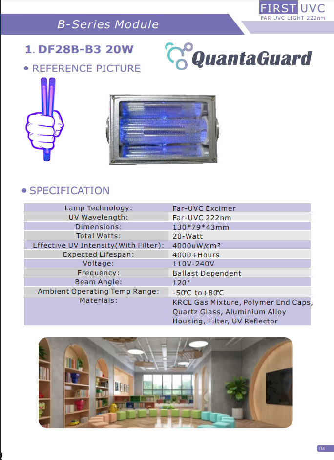 QuantaModule Open Source 20-Watt Far UV Excimer Module DC 24V Far-UVC Light Kit with 222nm Bandpass Flitter and Housing