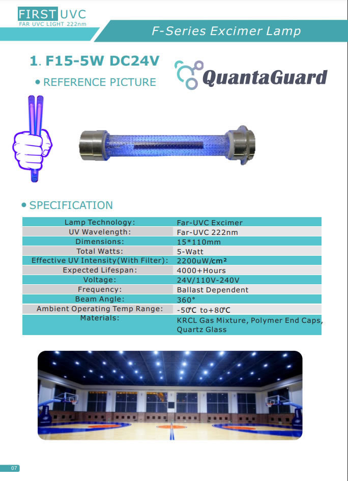 QuantaGuard 5W 222nm FAR UVC Excimer Lamp 24V DC