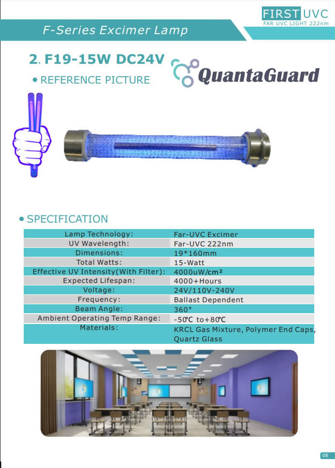 QuantaGuard 15W 222nm FAR UVC Excimer Lamp 24V DC