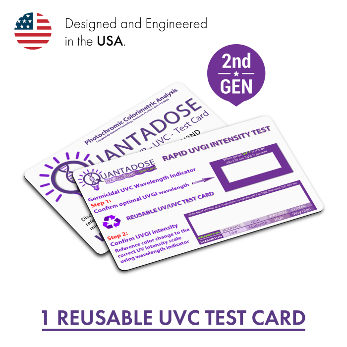 QuantaDose™ (2pc) 1st & 2nd Edition Reusable UVC Test Cards 300 µW/cm² Minimum Intensity w/UVC Wavelength Indicator