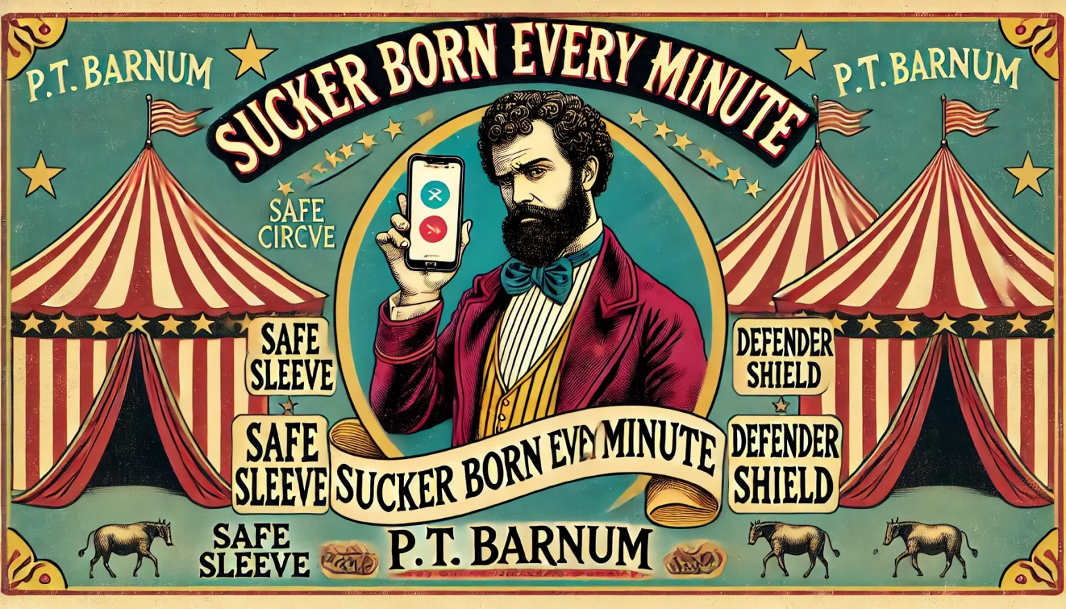 Vintage circus poster style warning image about anti-radiation phone case marketing
